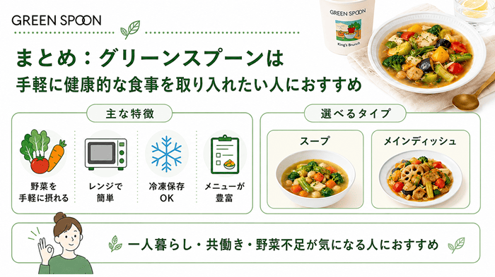 まとめ:グリーンスプーンは手軽に健康的な食事を取り入れたい人におすすめ