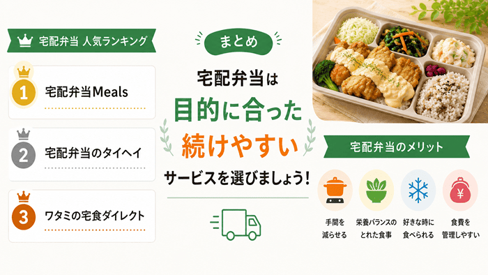 まとめ：宅配弁当は目的に合った続けやすいサービスを選びましょう