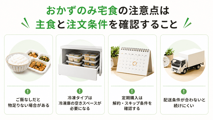おかずのみ宅食の注意点は主食と注文条件を確認すること