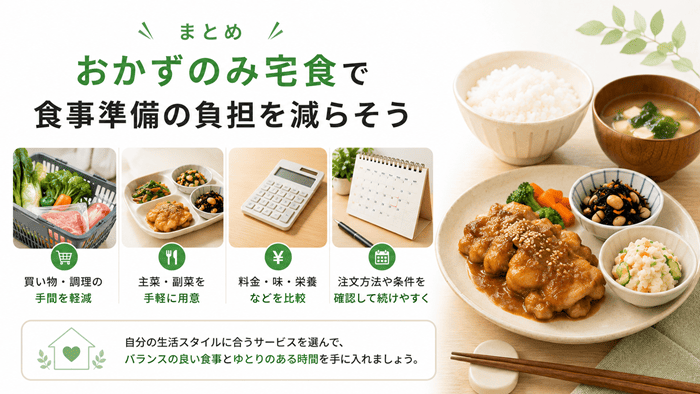 まとめ｜おかずのみ宅食で食事準備の負担を減らそう